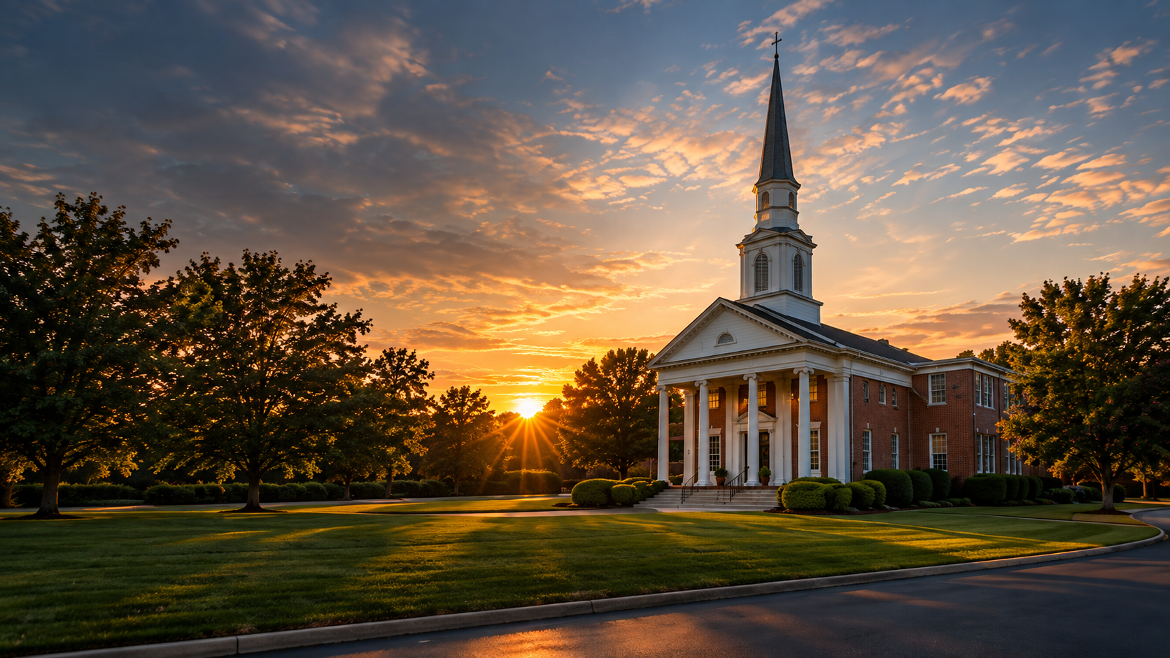 An artistic exterior view of Langdale Methodist Church at sunset
